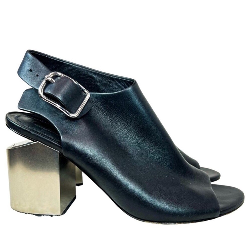 ALEXANDER WANG Nadia Black Leather Cut Out Peep Toe Silver Heel Women's 39.5